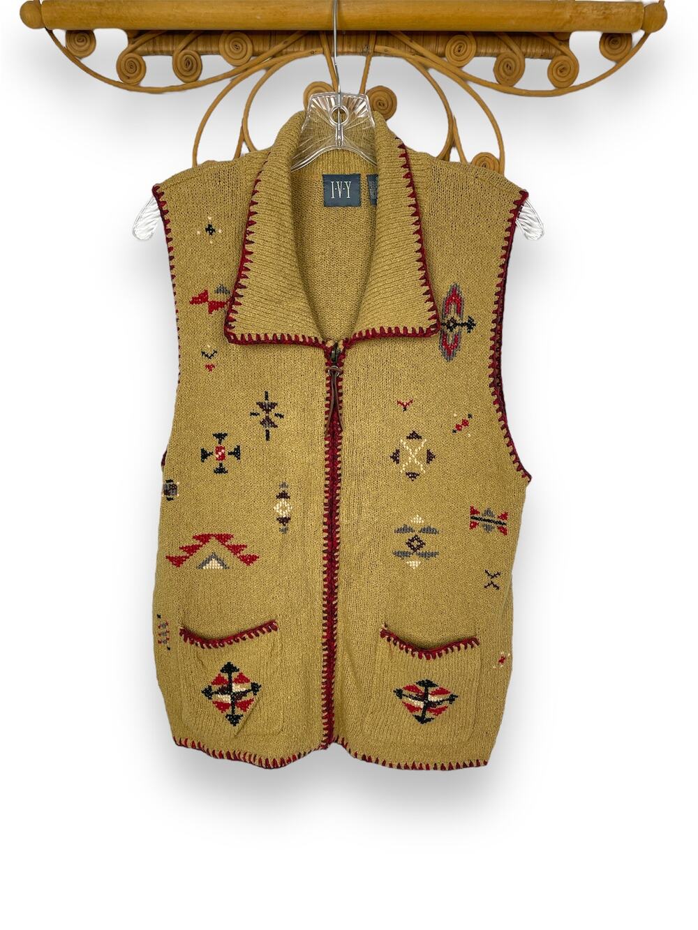 IVY women's vintage sweater vest full zip tan tribal embroidered M